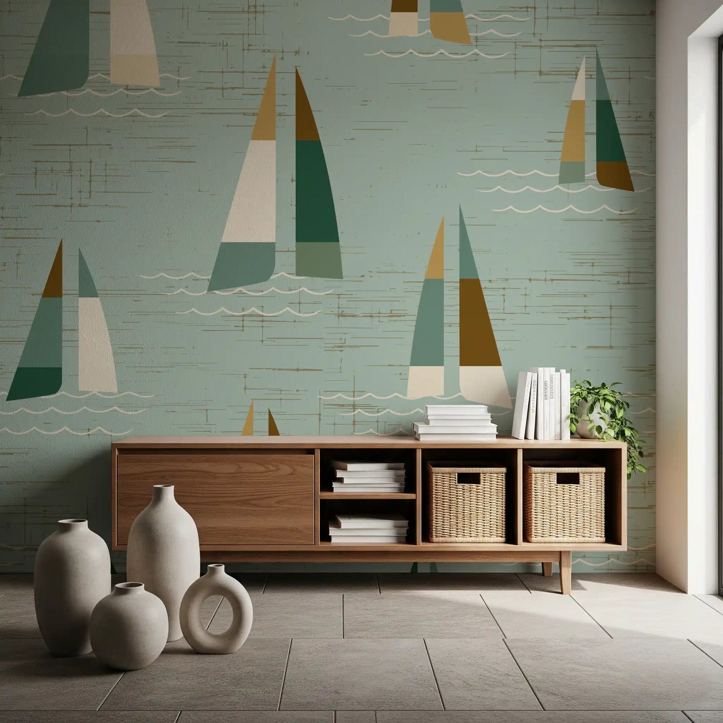 Sage greens and ochre sails sit easy across a coastal-themed Hallway backdrops wall mural.