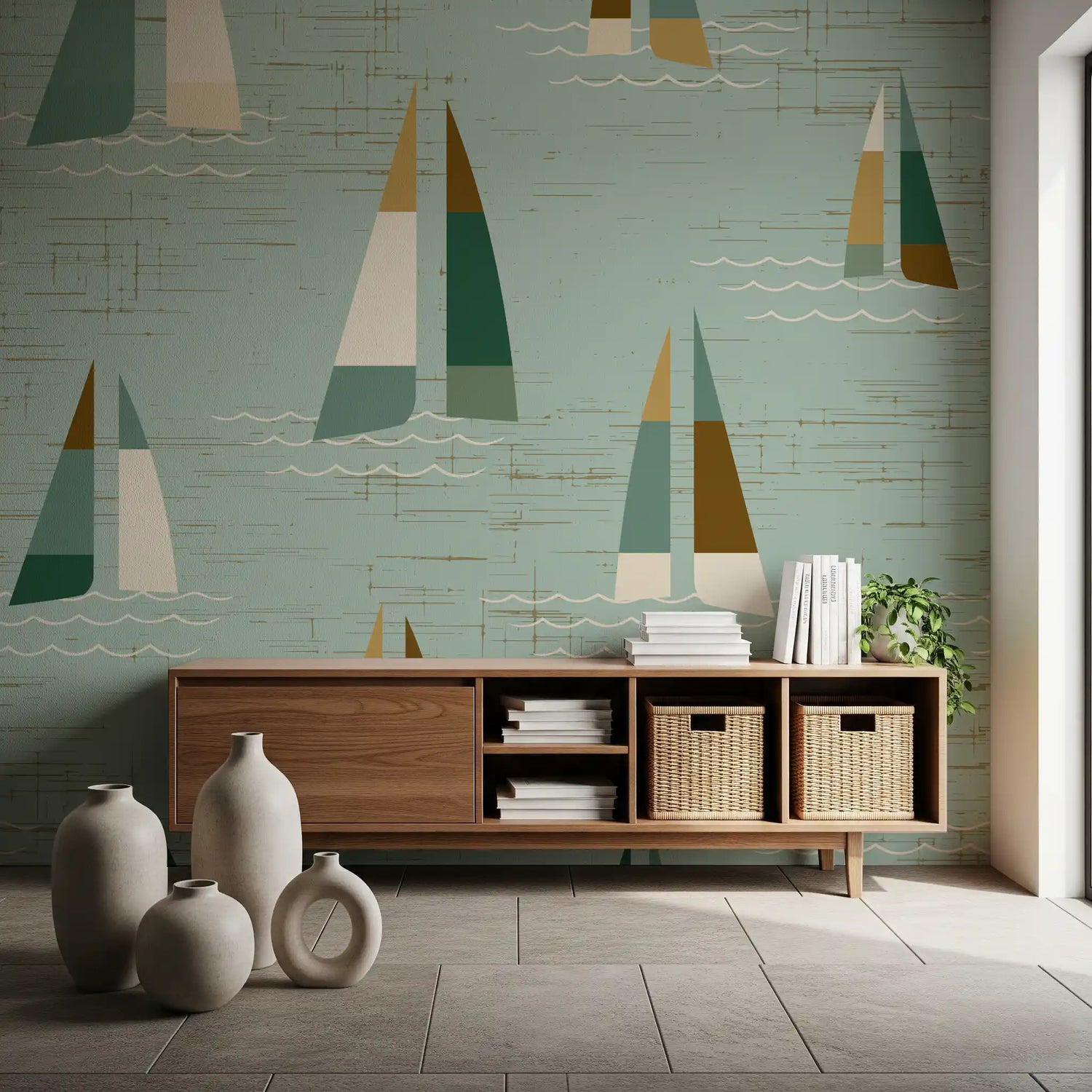 Sage greens and ochre sails sit easy across a coastal-themed Hallway backdrops wall mural.