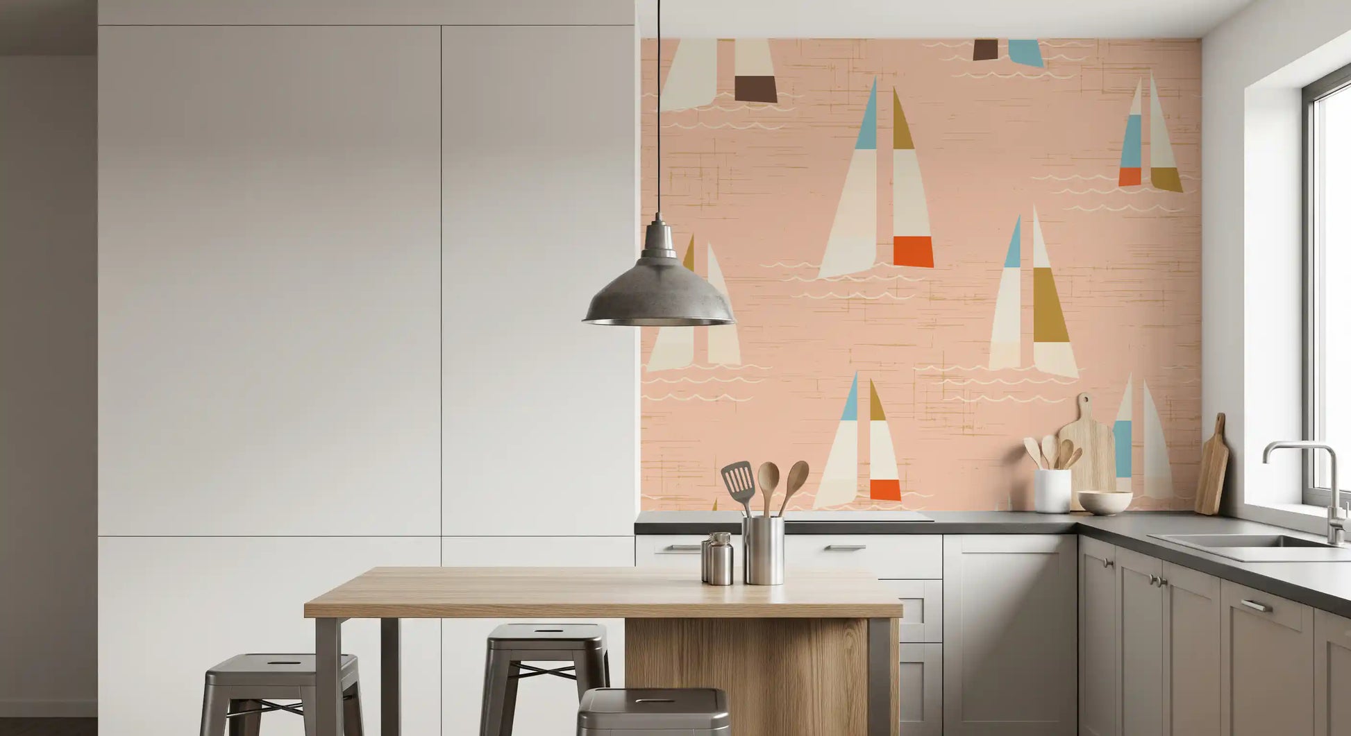A retro nautical air lifts the Sailboats wall mural with cream and rust accents.