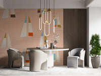 At full width, the Sailboats wall mural opens up a kitchen dining area.