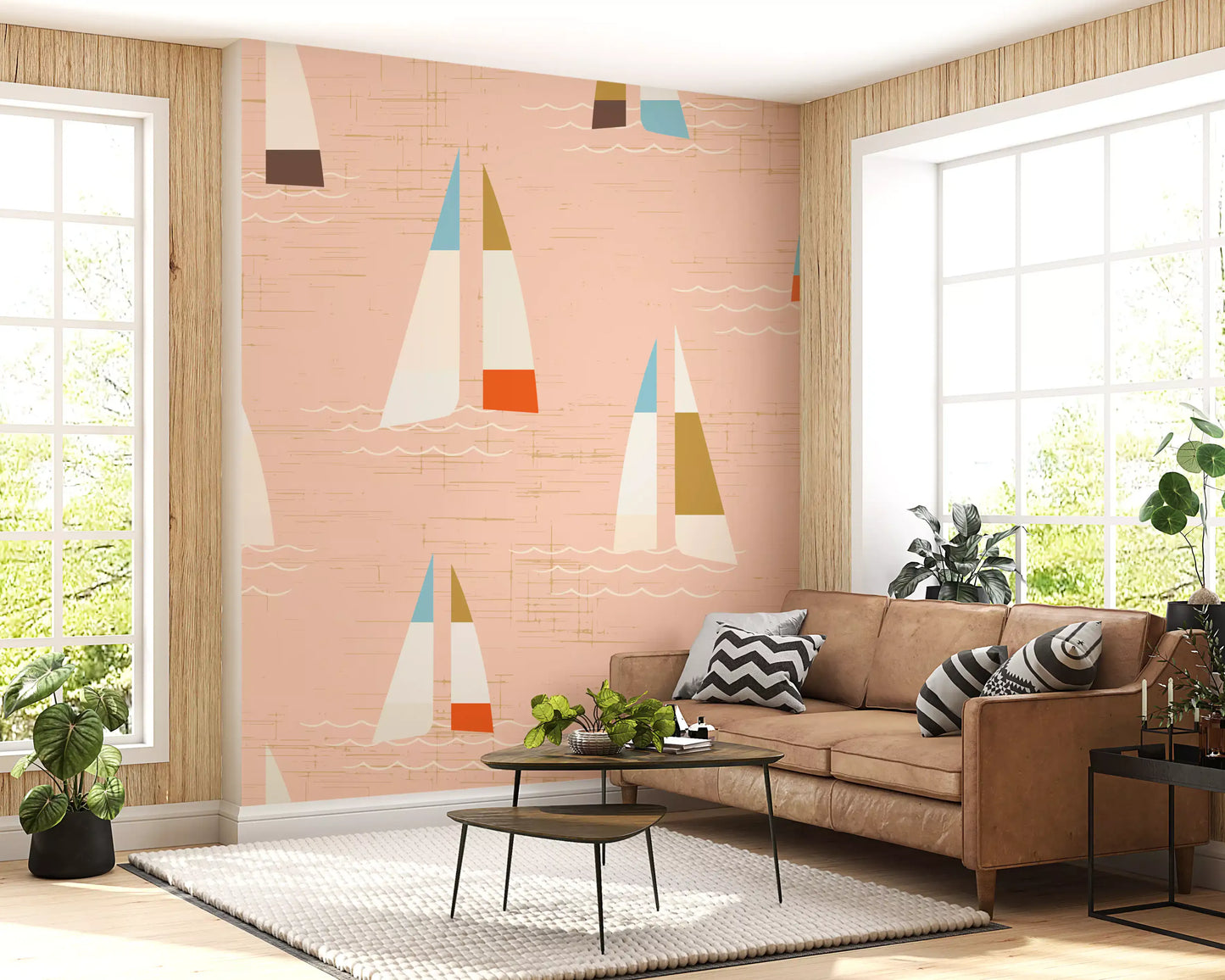 Mid Century Sailboats wall mural fills a spacious living room with easy nautical mood.