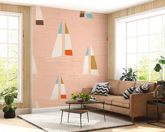 Mid Century Sailboats wall mural fills a spacious living room with easy nautical mood.