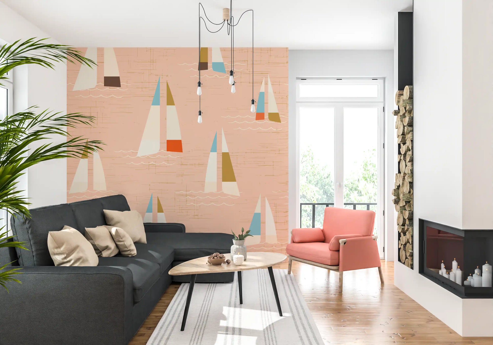 With muted peach behind, the wall mural balances a Hallway in warm restraint.