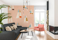 With muted peach behind, the wall mural balances a Hallway in warm restraint.