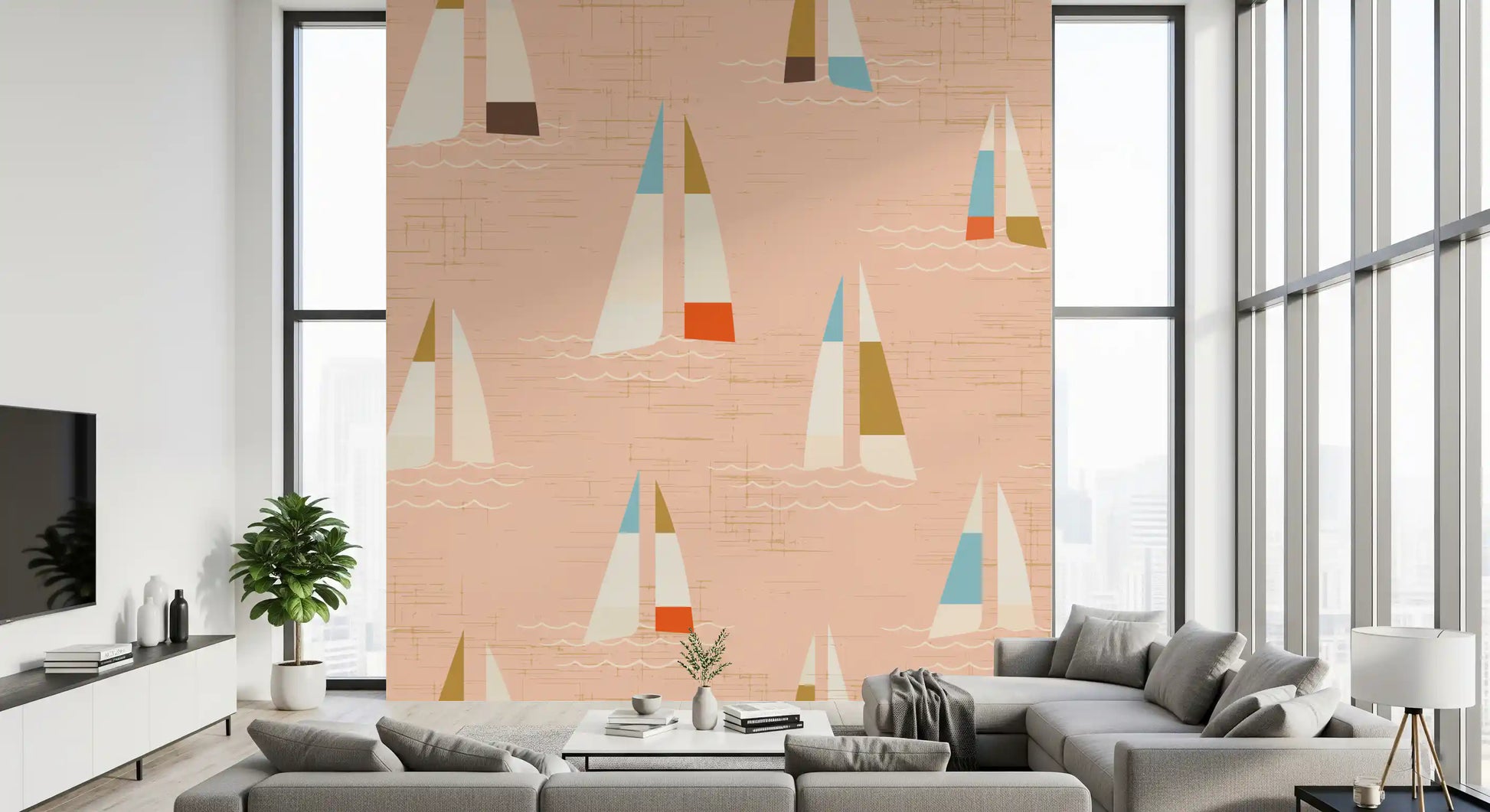 A laid-back coastal feel shapes a lounge with the Sailboats wall mural.