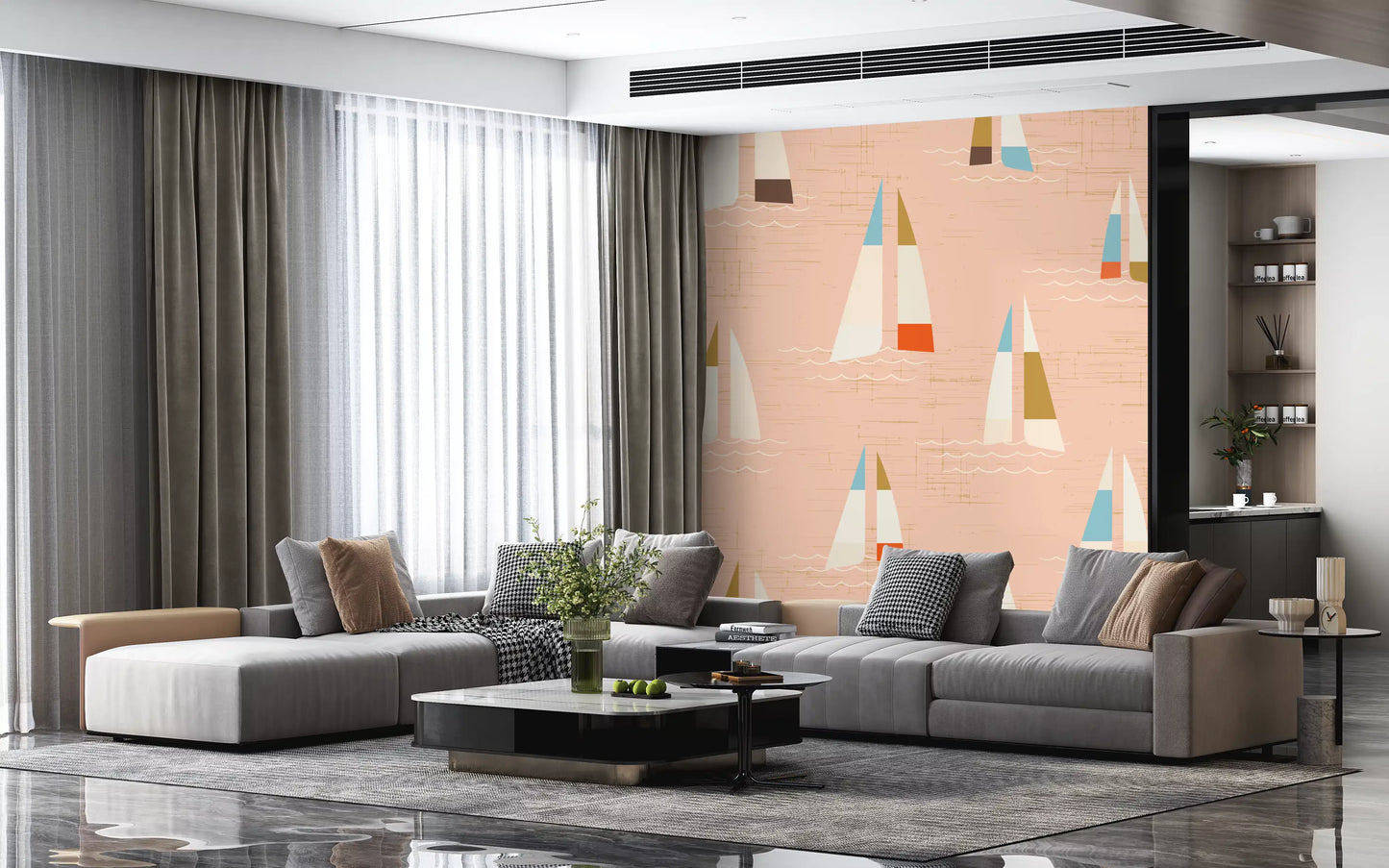 Peach base flows along a hallway in the Mid Century Sailboats wall mural.