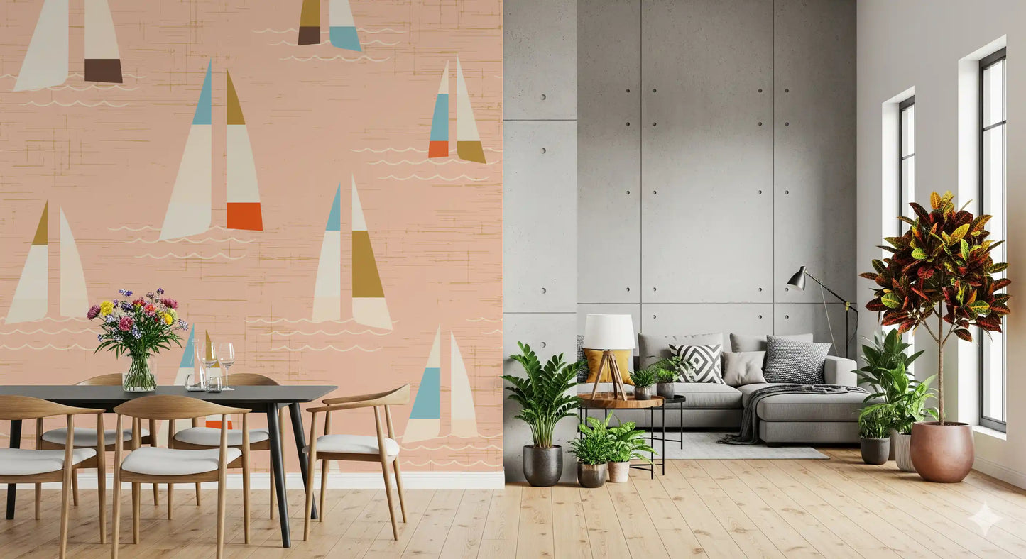 Wavy line grain underlies the Mid Century Sailboats wall mural in tan and peach tones.