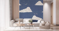 Linen-style texture on a mid-century wall mural with seabirds and pale clouds
