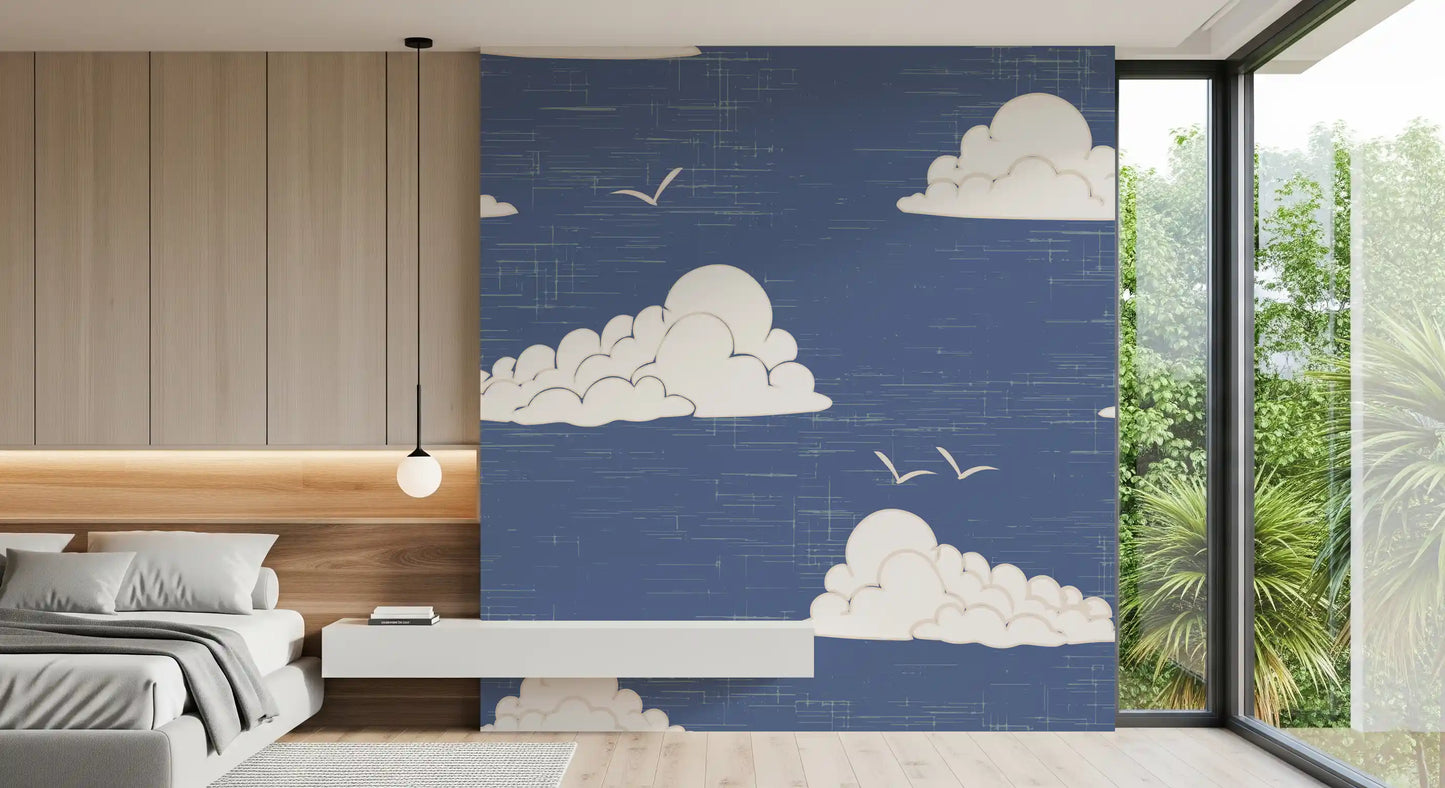 Dusty blue base supports the Cloud Sky wall mural with cream cloud shapes