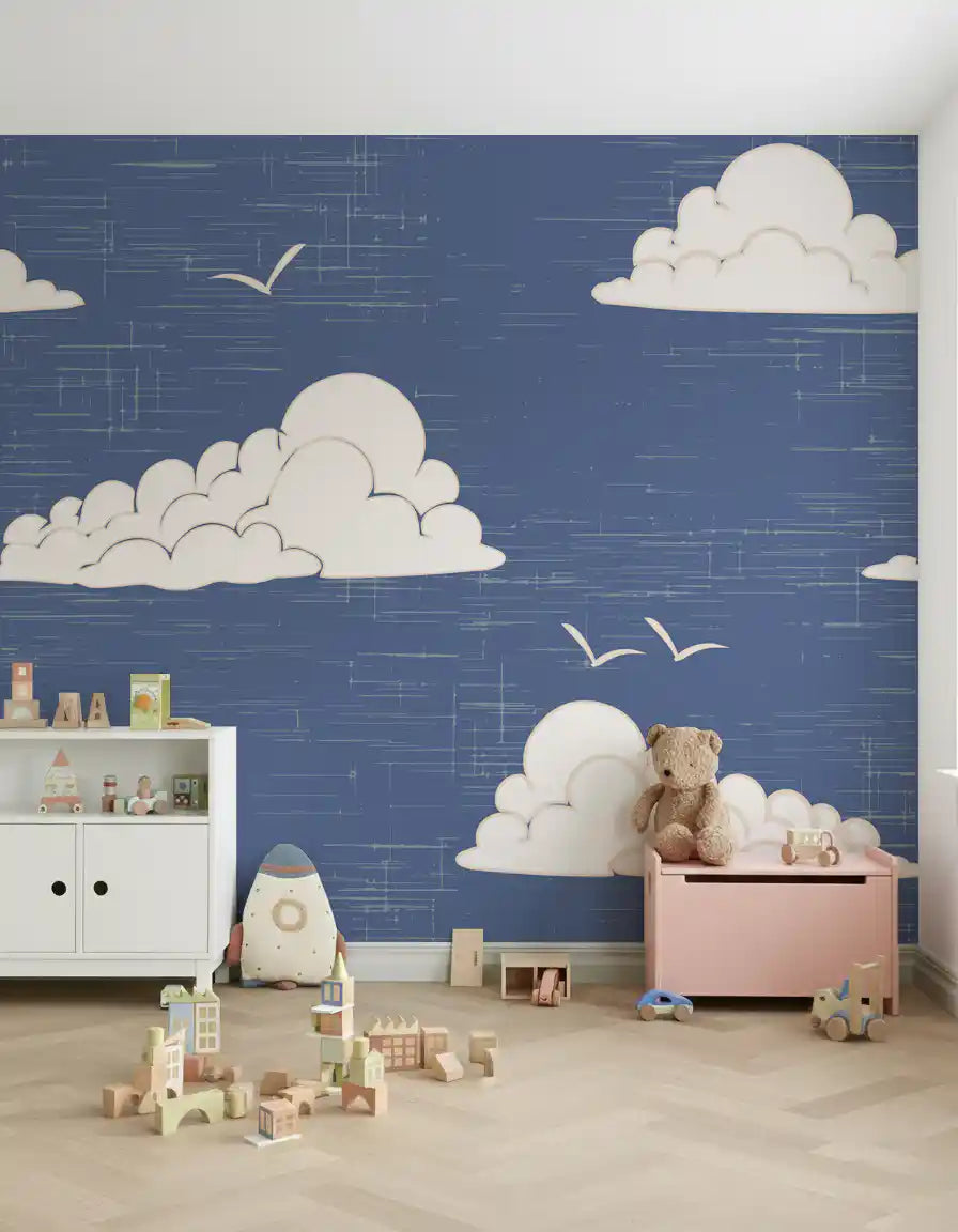 Open Nursery area featuring a dusty blue cloud wall mural backdrop