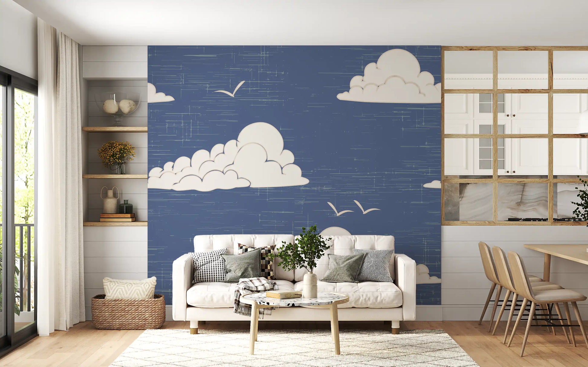 Dining room styled with a cloud and bird wall mural in dusty blue