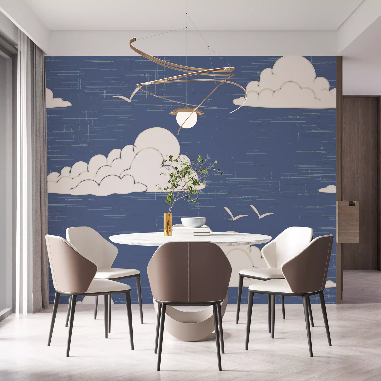 Above a Dining room, the Mid Century Cloud Sky wall mural drifts in cream and blue