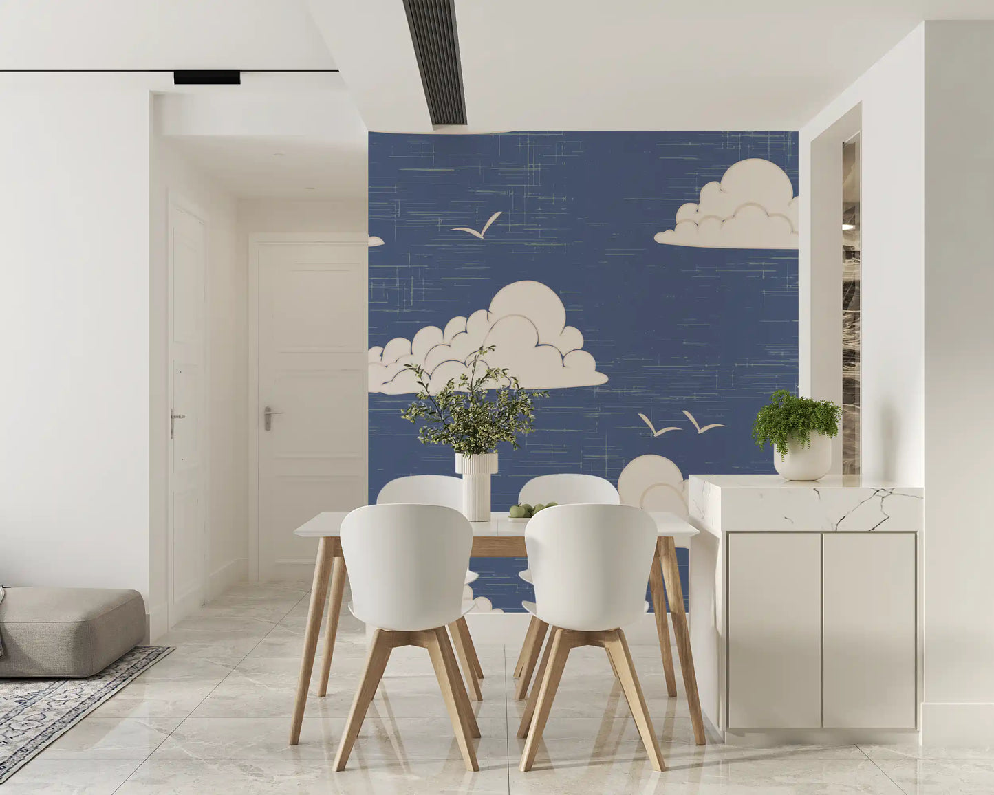Cream clouds and birds appear on a Mid Century wall mural in a Dining room 