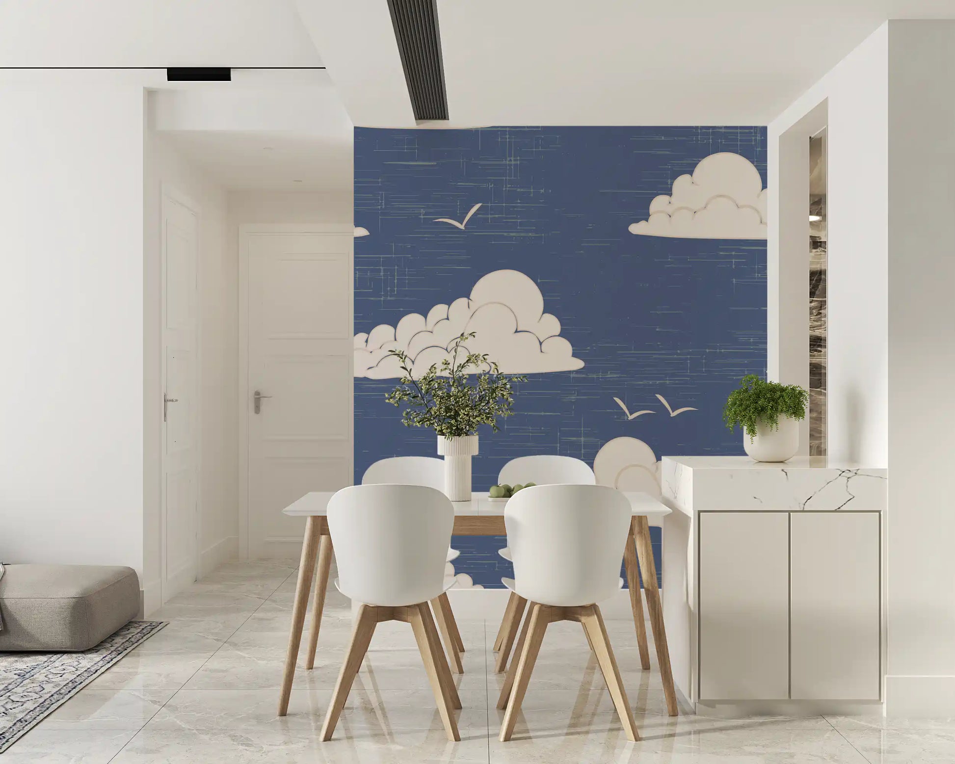 Cream clouds and birds appear on a Mid Century wall mural in a Dining room 