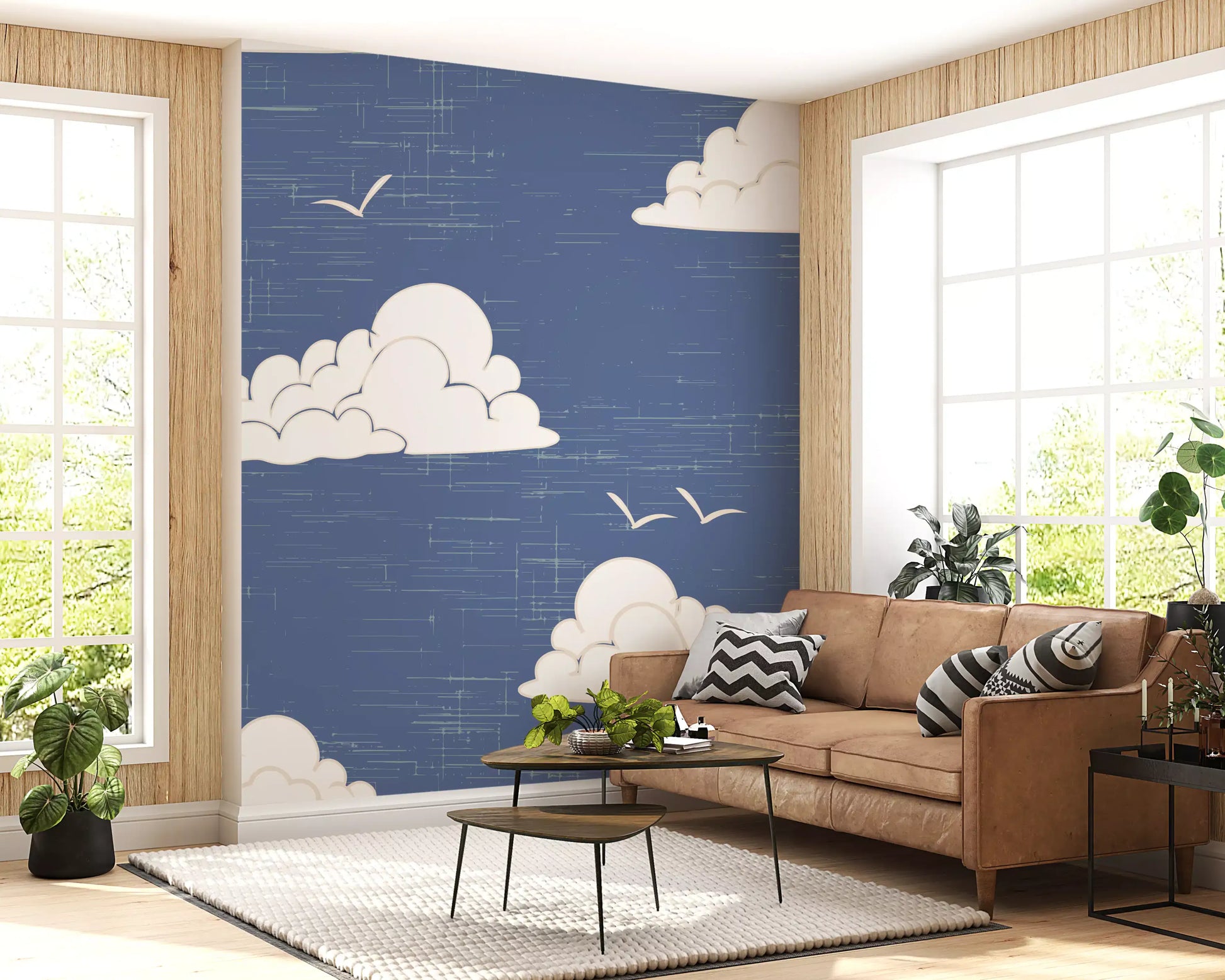 A quiet Living room paired with the Mid Century Cloud Sky wall mural