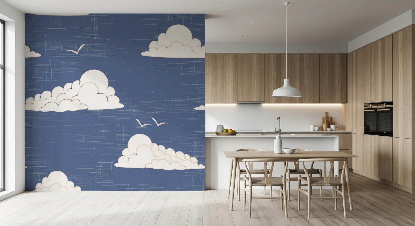 Pale tones lift the Mid Century Cloud Sky wall mural surface with subtle texture