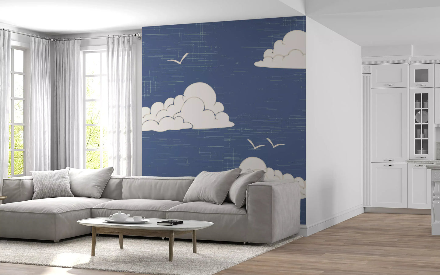 Ivory clouds and birds float across a Cloud Sky wall mural in dusty blue