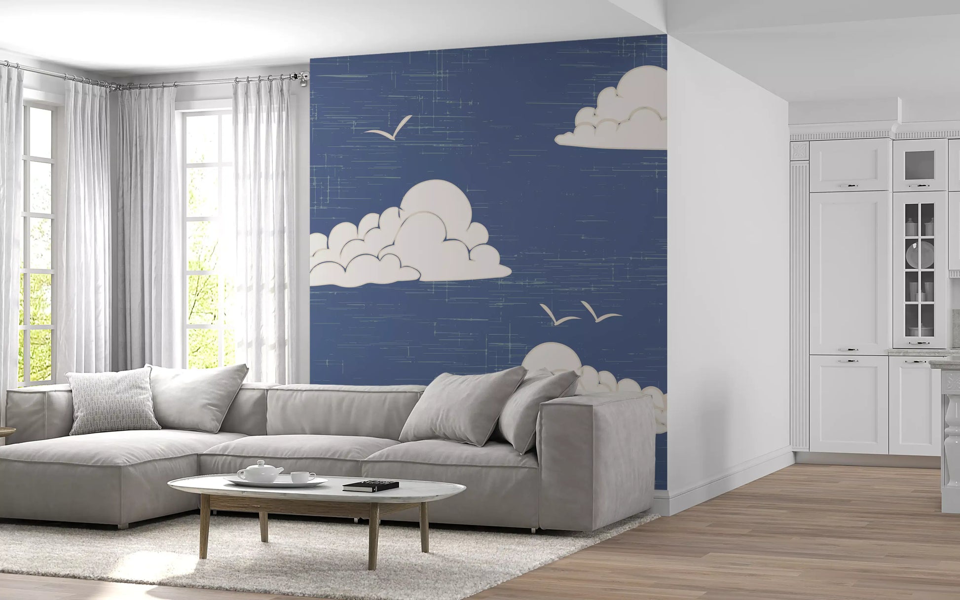 Ivory clouds and birds float across a Cloud Sky wall mural in dusty blue