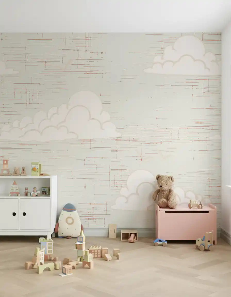 Cream toned clouds float across a Kids play area thanks to the Mid Century Sky wall mural.
