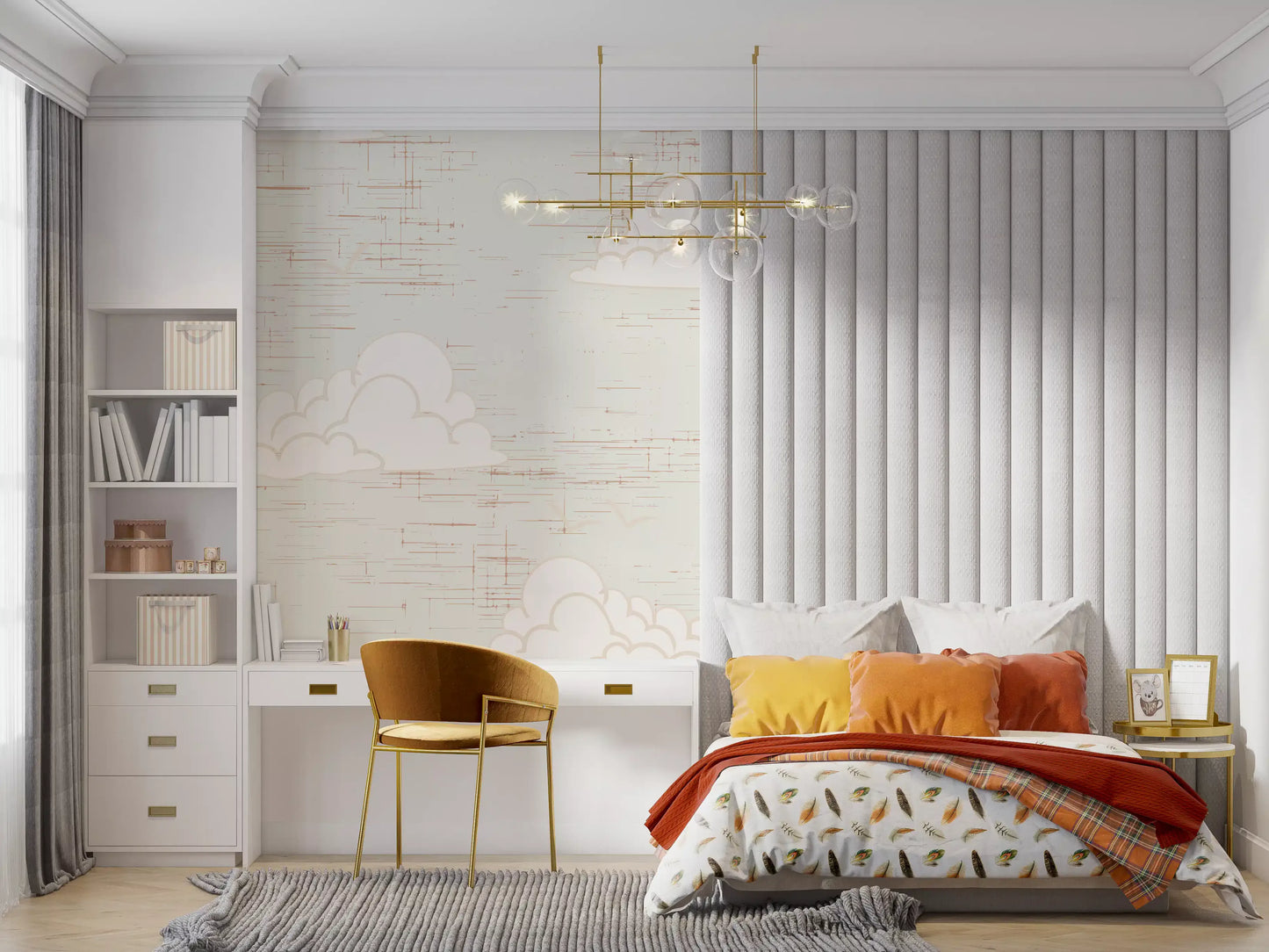 Bedroom gets vintage cloud mood through the Cream Sky wall mural pattern.