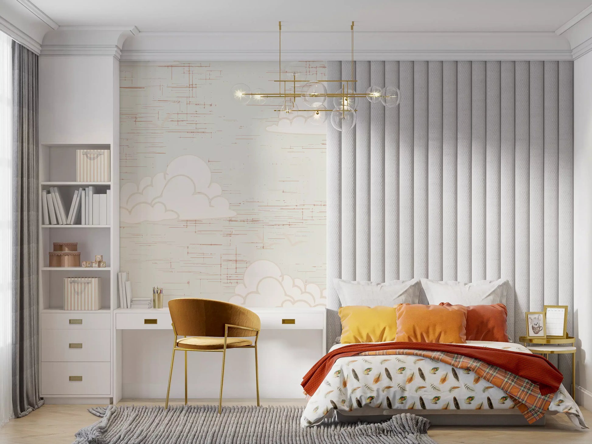 Bedroom gets vintage cloud mood through the Cream Sky wall mural pattern.