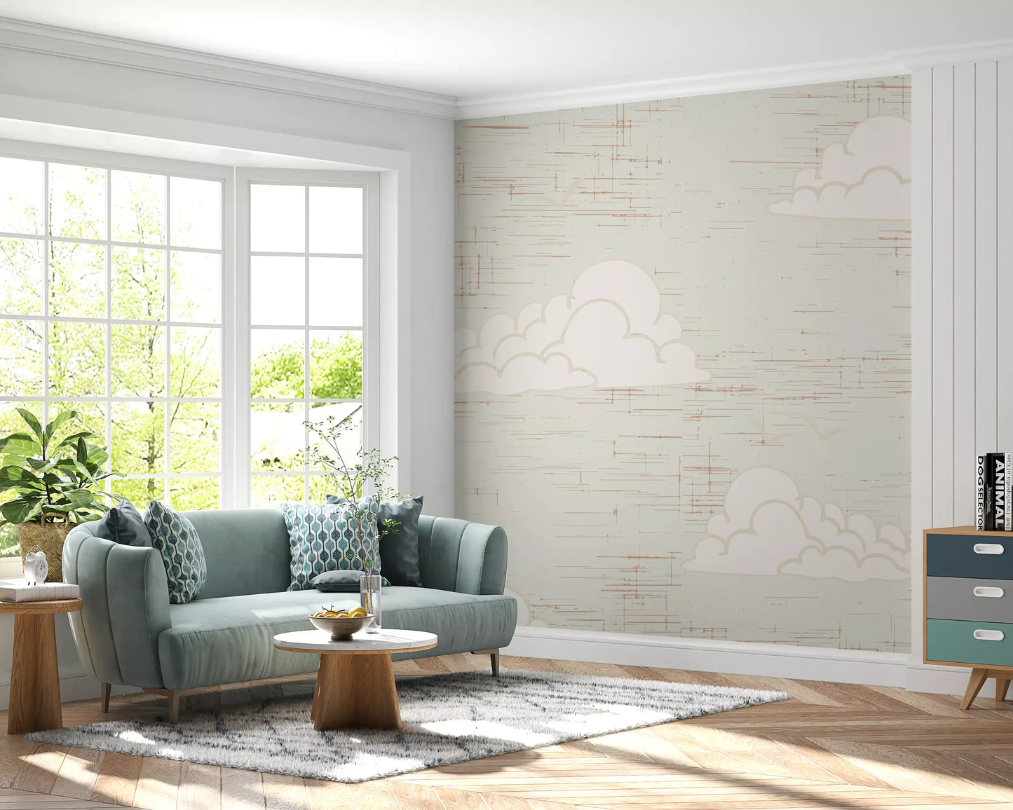 Quiet mood lives on the Mid Century Cloud Sky Cream wall mural surface