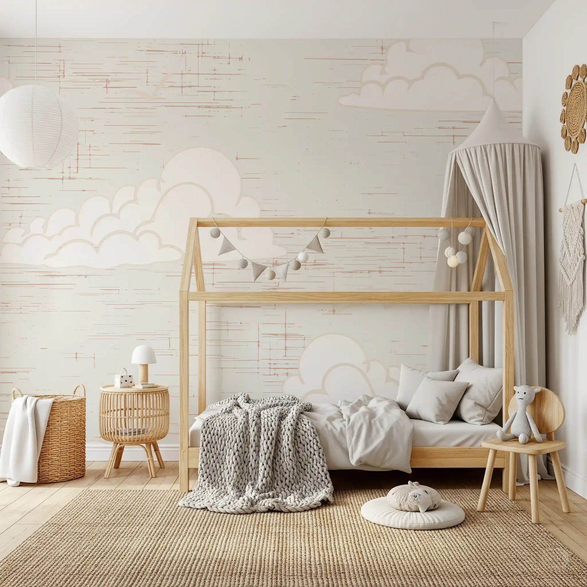Puffy clouds and gull shapes ride over a cream sky in this Mid Century wall mural.