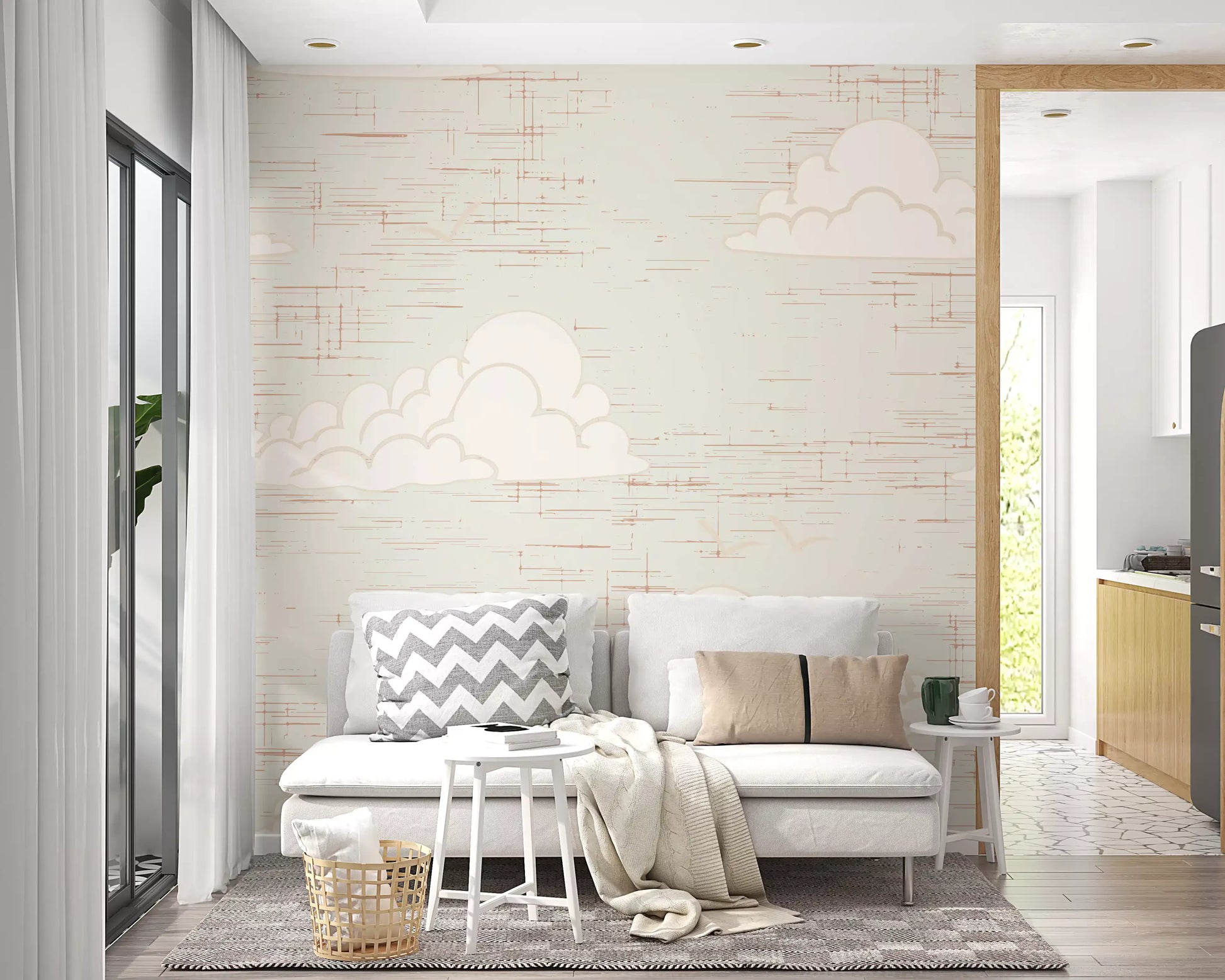 Sky Cream wall mural eases a Living room corner  into a quiet vintage cloud mood.
