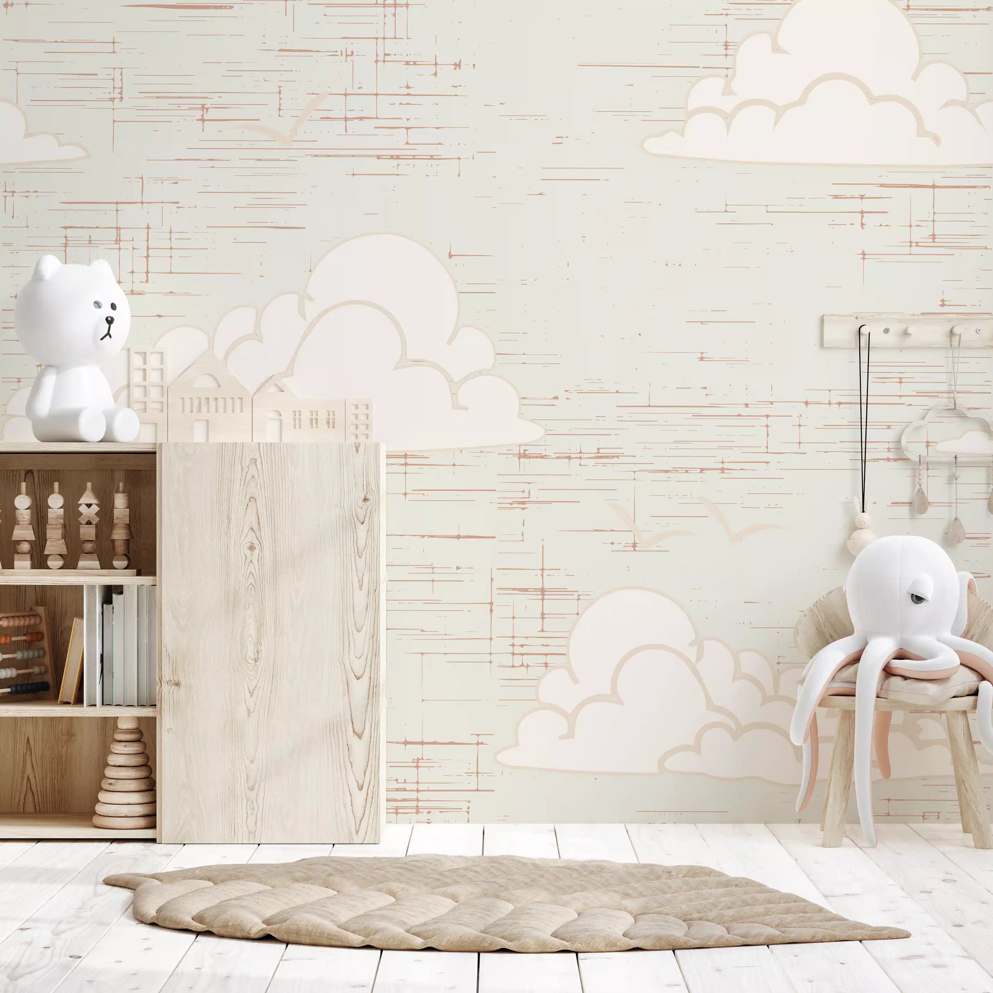 Rust and bird marks add texture to the Cloud Sky Cream wall mural pattern.
