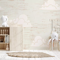 Rust and bird marks add texture to the Cloud Sky Cream wall mural pattern.