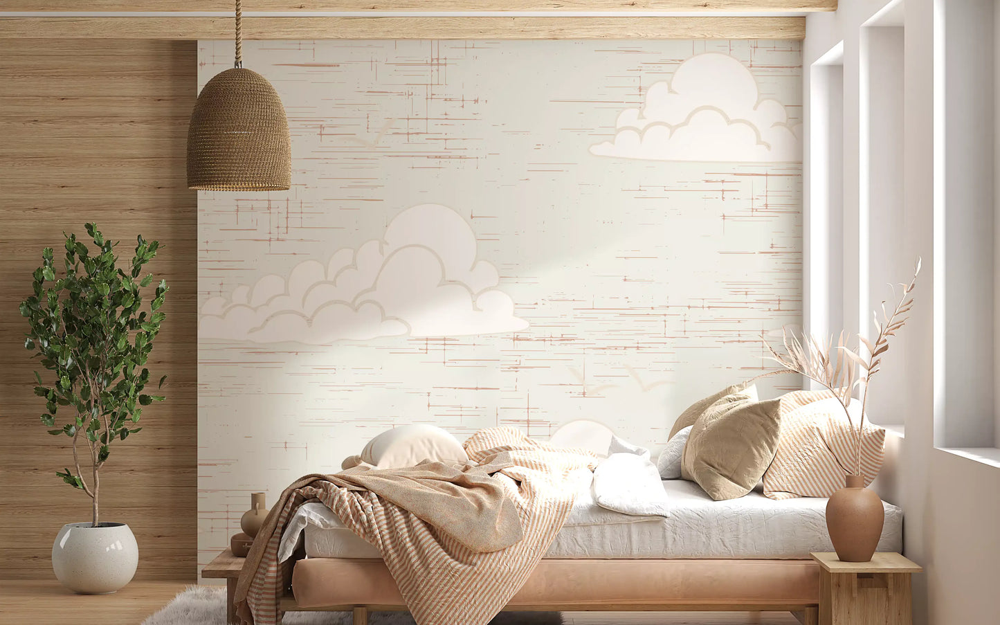 Bedroom sits easy under the Mid Century Cloud Sky Cream wall mural backdrop.