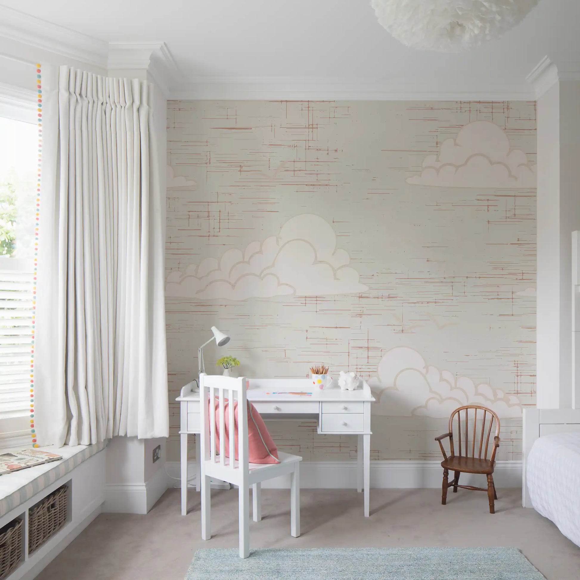 Mid Century Cloud Sky Cream wall mural keeps a study room calm with airy vintage detail.
