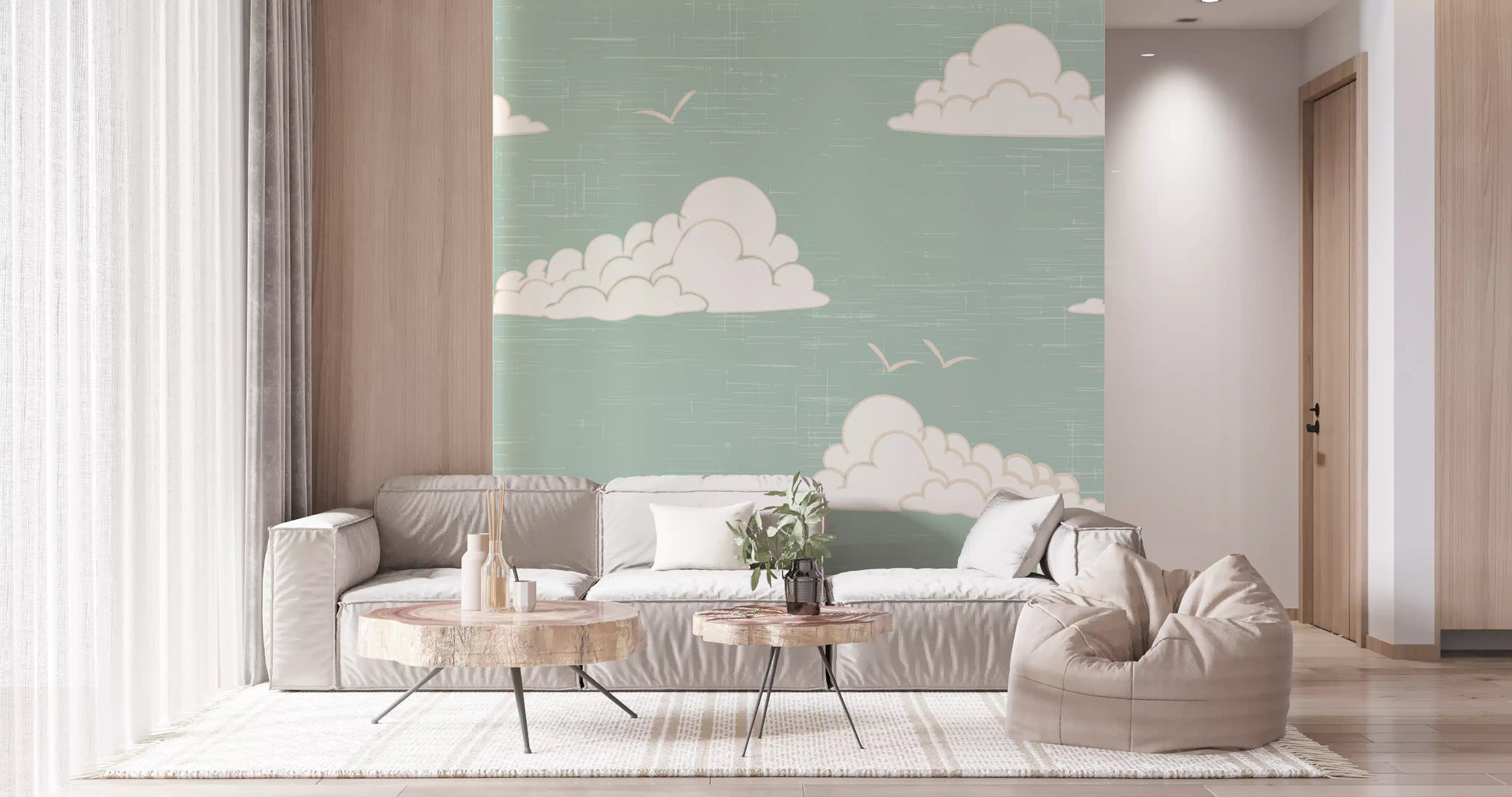 Daydream scenery suits a Living room  with the Mid Century Cloud Sky wall mural.