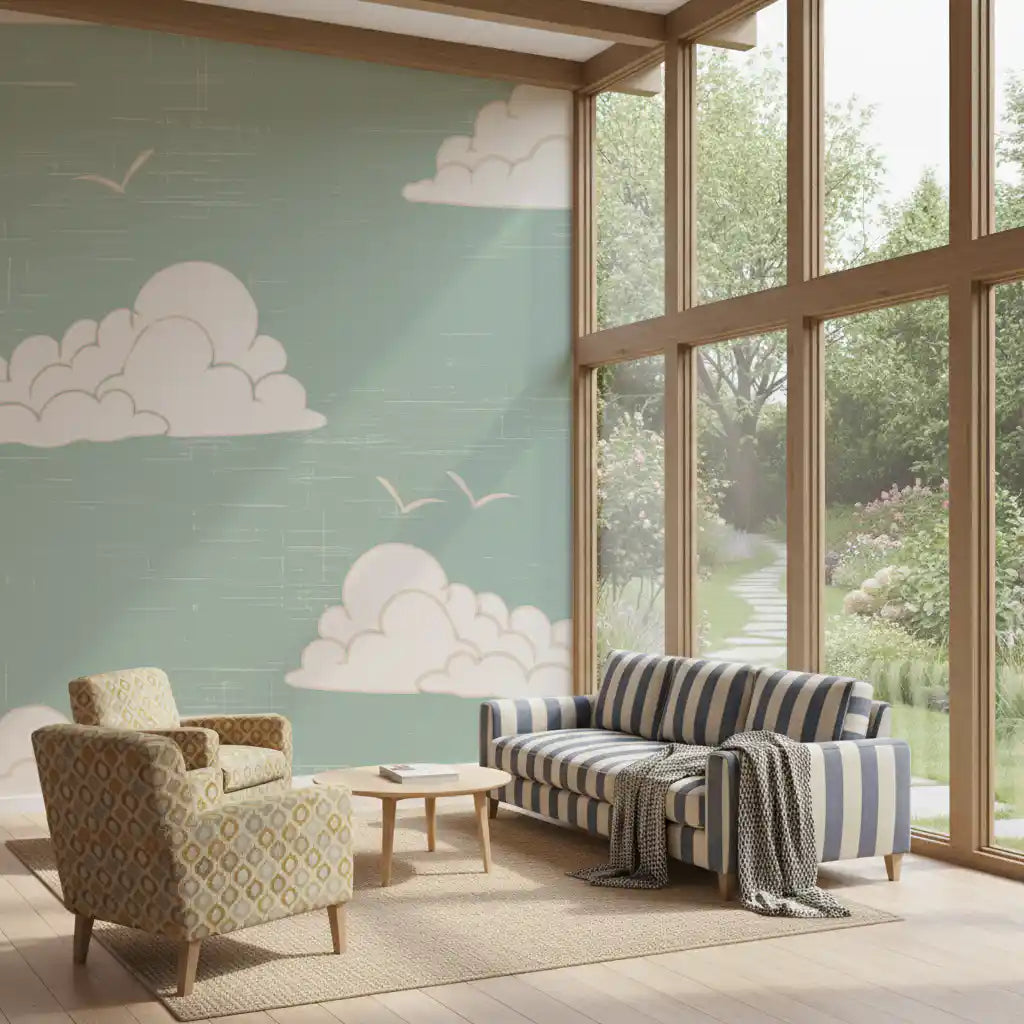 Tiny gull silhouettes lift between cream puffs across the Light Sage cloud wall mural.