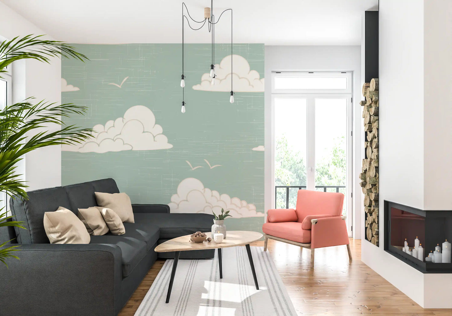 Vintage paper grain underlies the Mid Century Cloud Sky Light Sage wall mural.