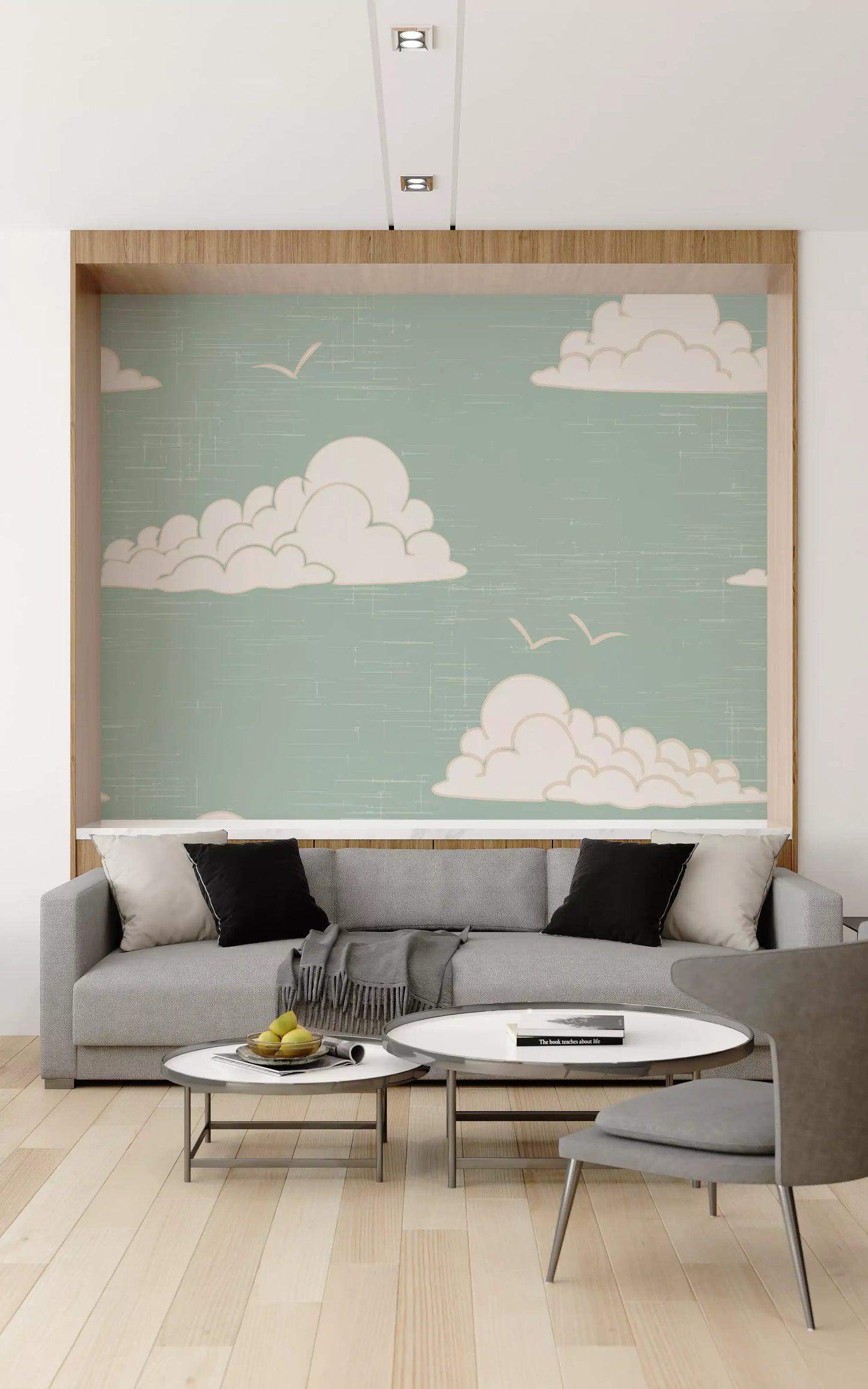 Painted cloud shapes rise over faded sage in the Mid Century Cloud Sky wall mural.