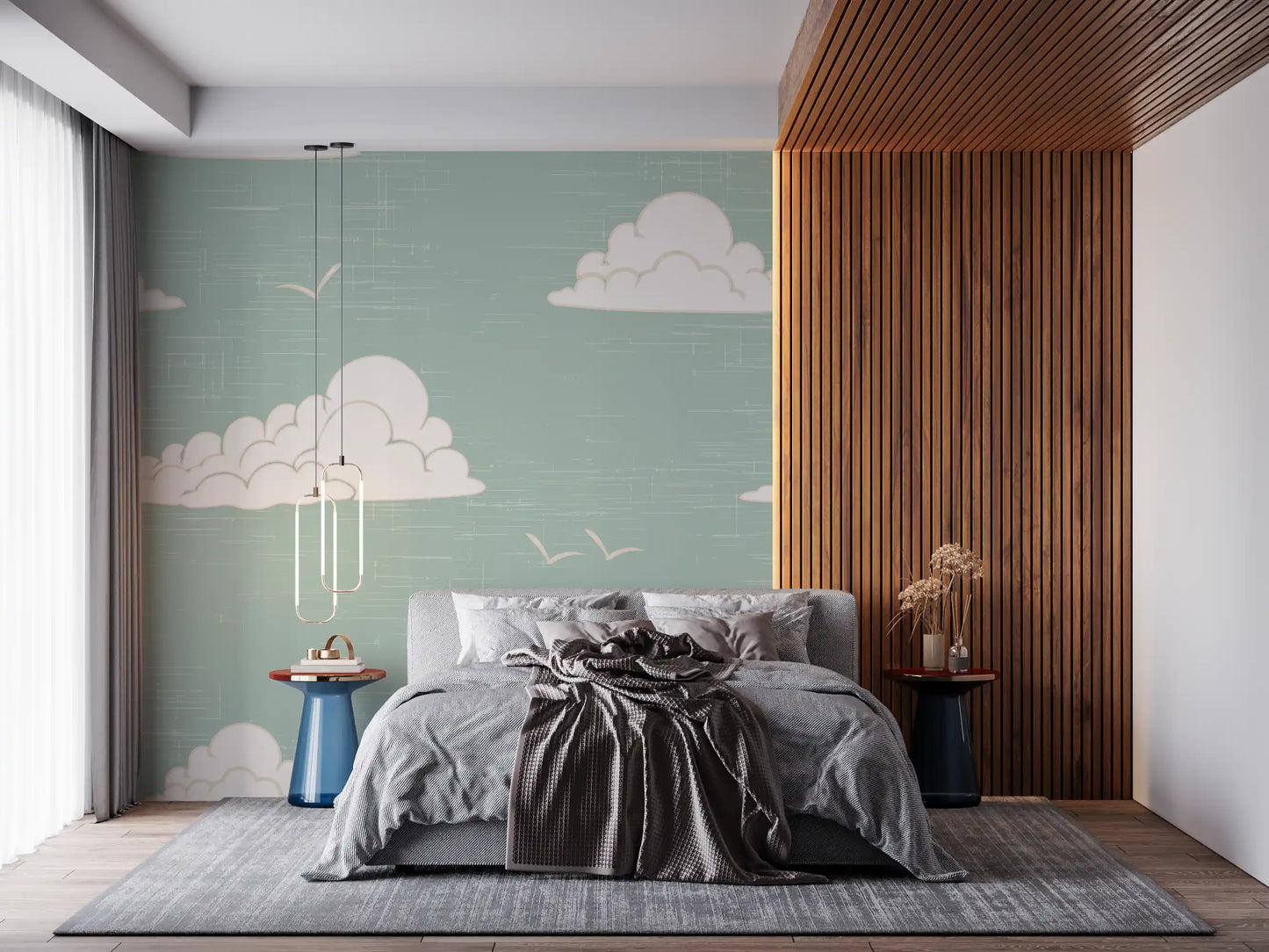 Two small gull marks lift a Bedroom with the Light Sage cloud wall mural