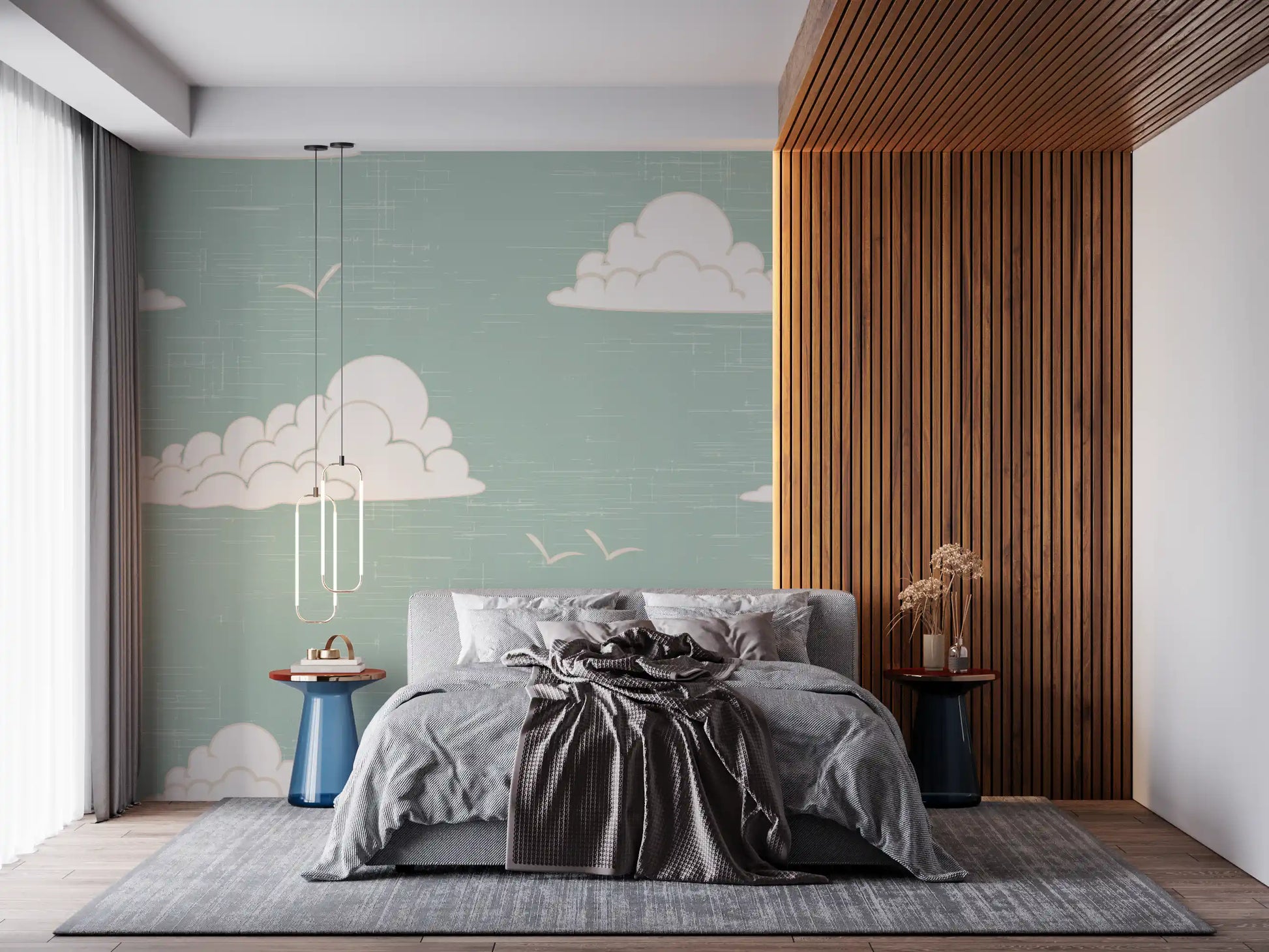 Two small gull marks lift a Bedroom with the Light Sage cloud wall mural