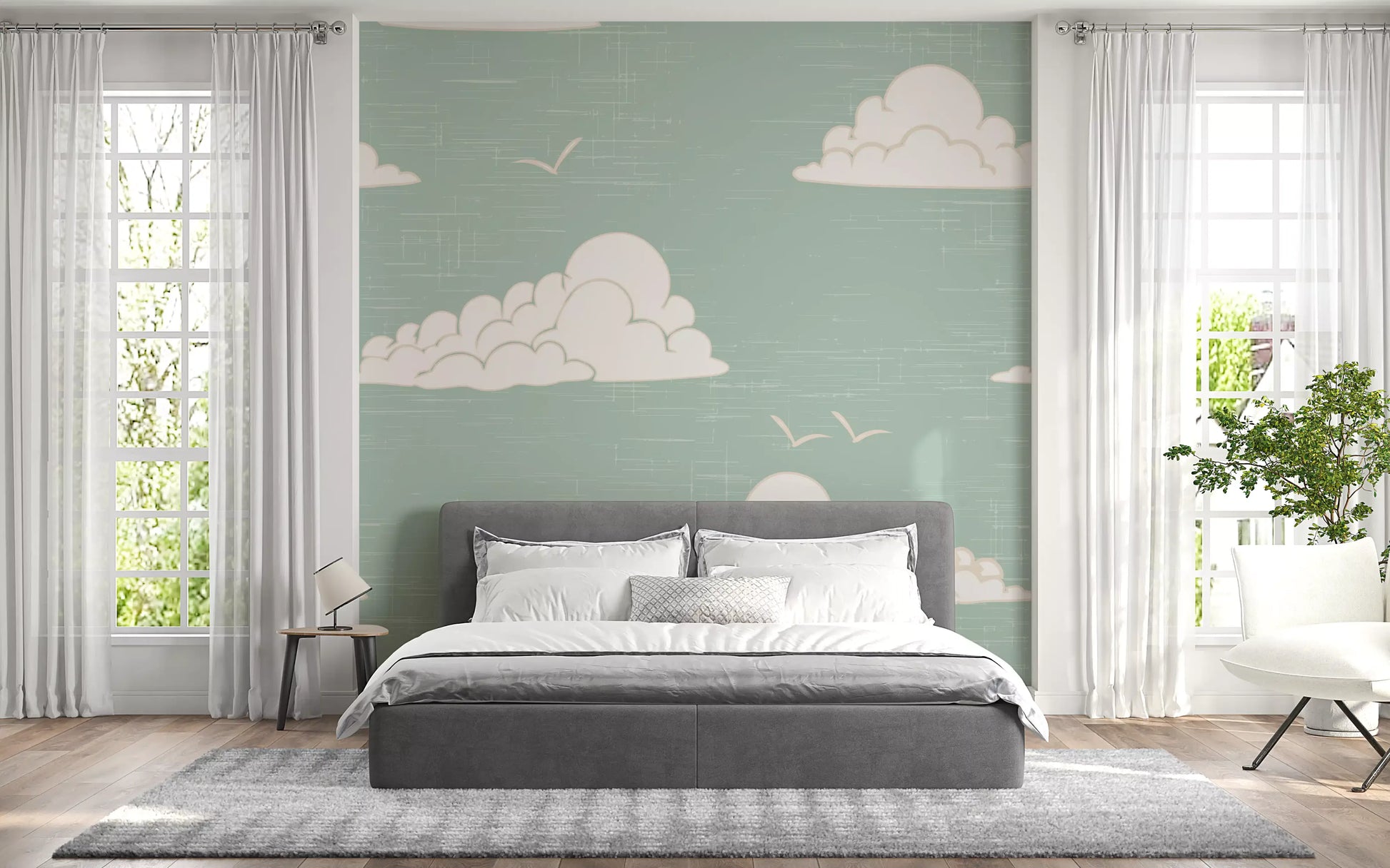 Open daylight character holds a Bedroom through the Cloud Sky Light Sage wall mural.