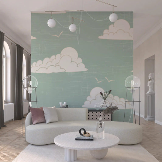 Cream puff shapes warm a living room paired with Mid Century Cloud Sky wall mural.