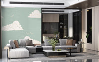 Hallway calm deepens with the Light Sage Cloud wall mural's faded puffs.