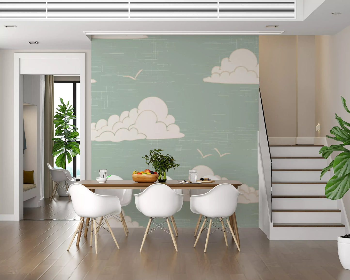 Sage-grain texture grounds a Dining room in the Mid Century Cloud Sky wall mural.