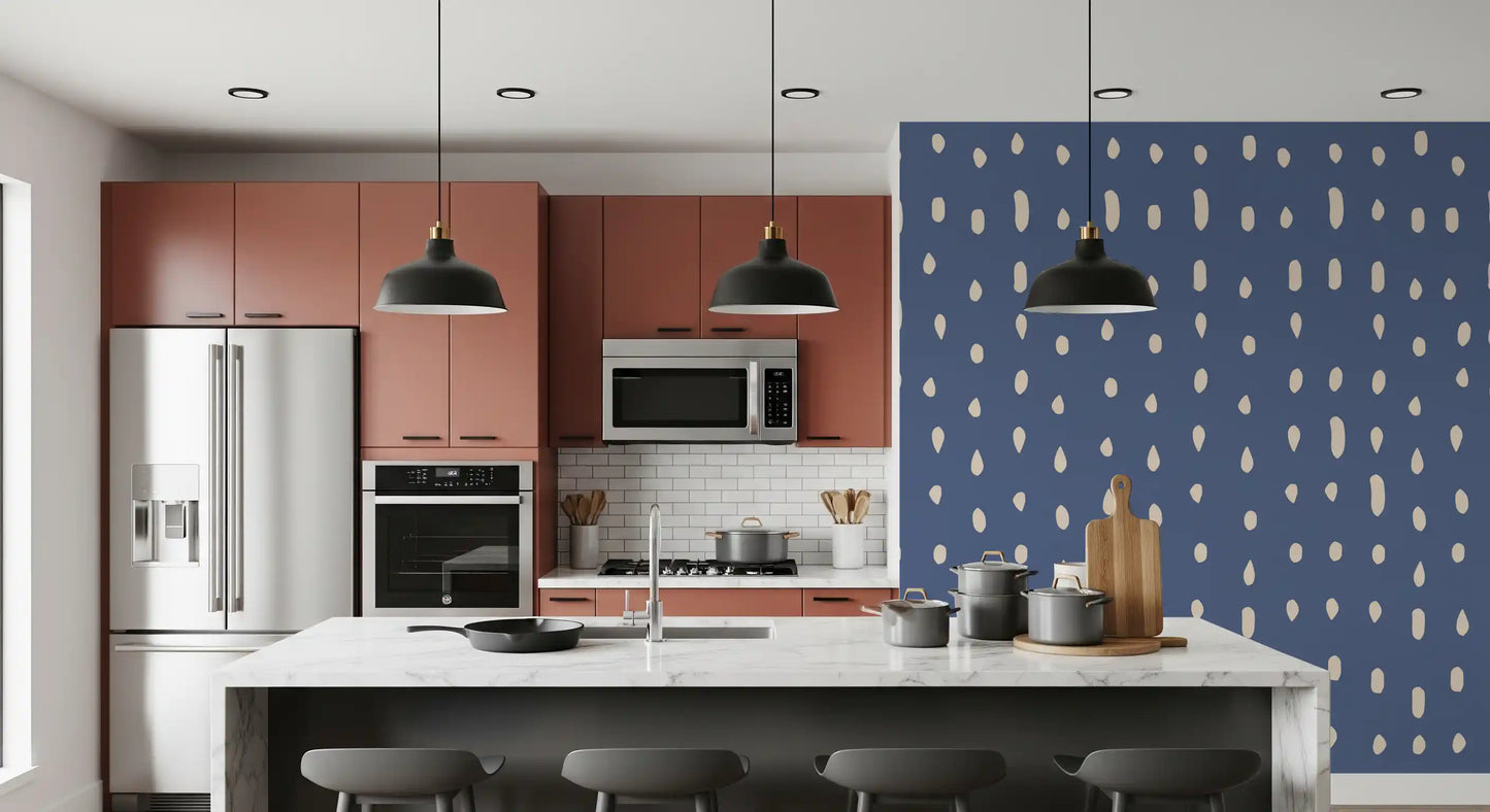 Loose ivory marks line a kitchen-dining wall mural set on a Mid Century Seed Dots base.