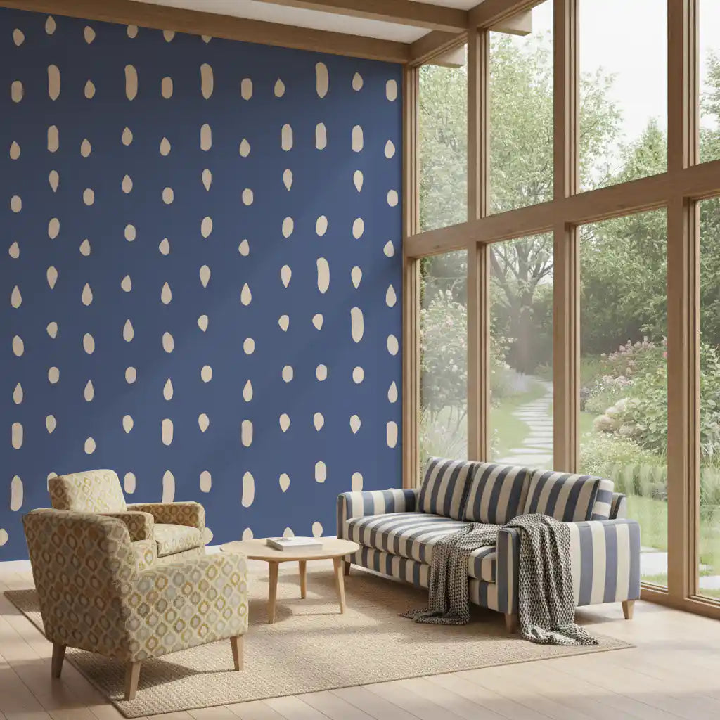 Mid Century Seed Dots wall mural styles a hallway with cream marks on dusty blue.