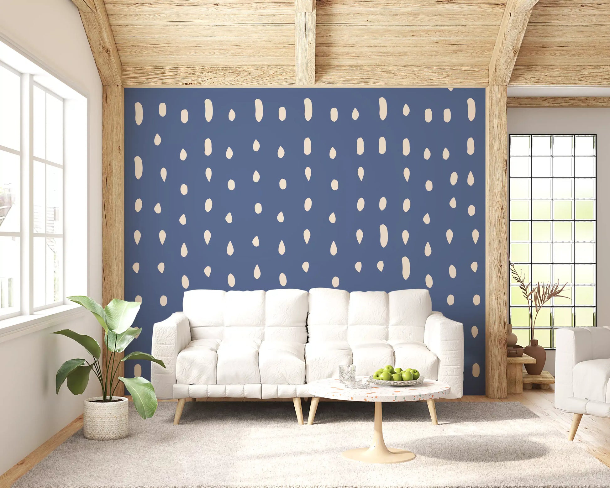 Vertical rows of pale specks ripple over a Mid Century Seed Dots wall mural.