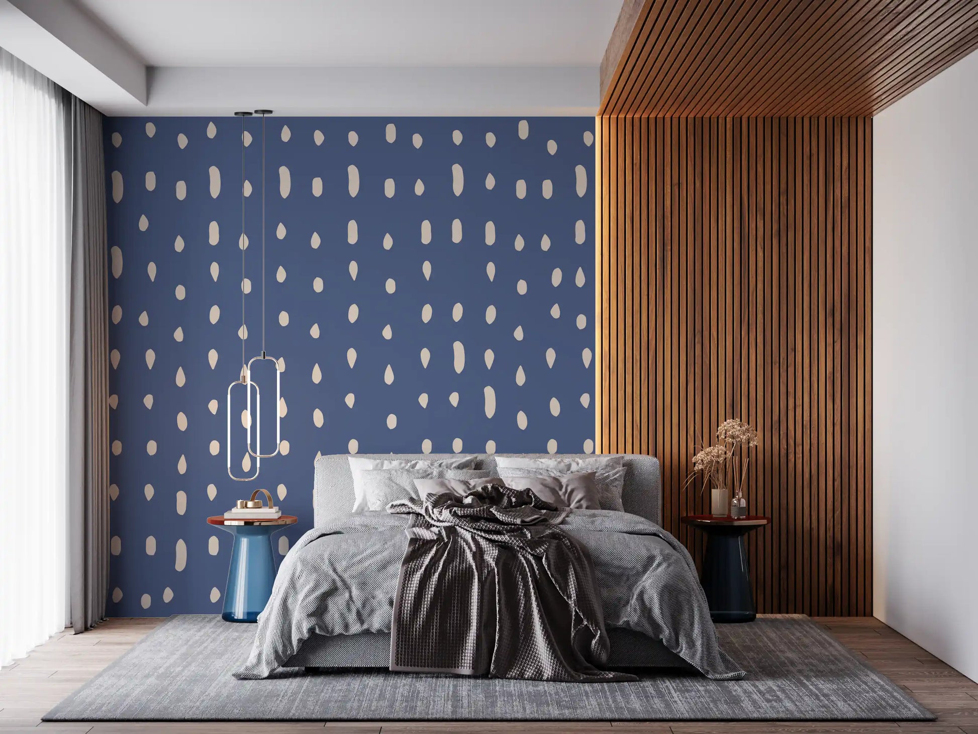Ivory droplet rows fill a Bedroom wall mural over a chalky Mid Century Seed Dots field.
