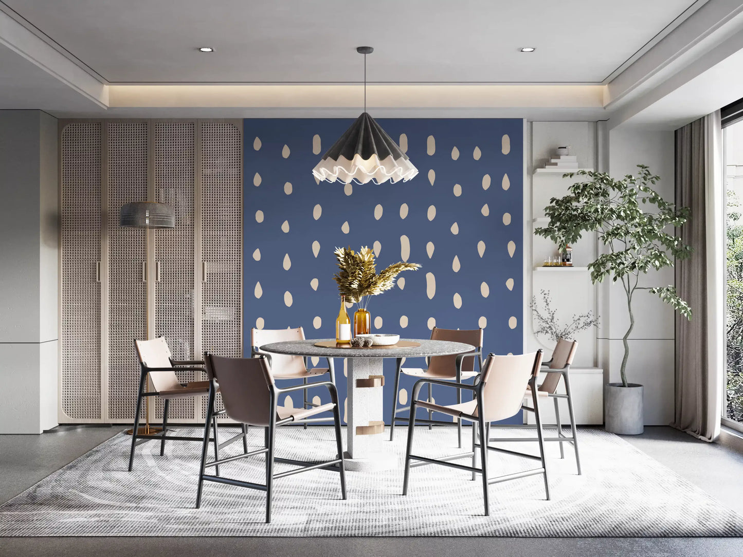 Tall and round seed shapes fall down a dining room wall mural in chalky dusty blue.
