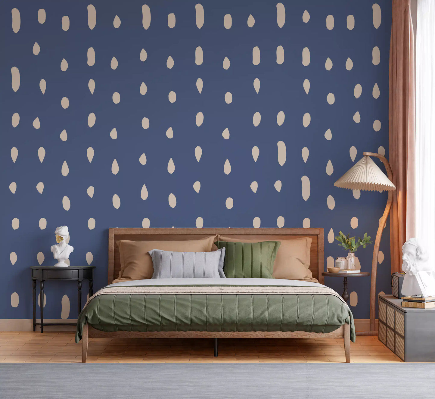 Quiet ivory speckling falls down the Mid Century Seed Dots wall mural in a calm bedroom.