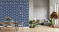 Powdery dusty blue ground holds Mid Century Seed Dots wall mural shapes in light cream.