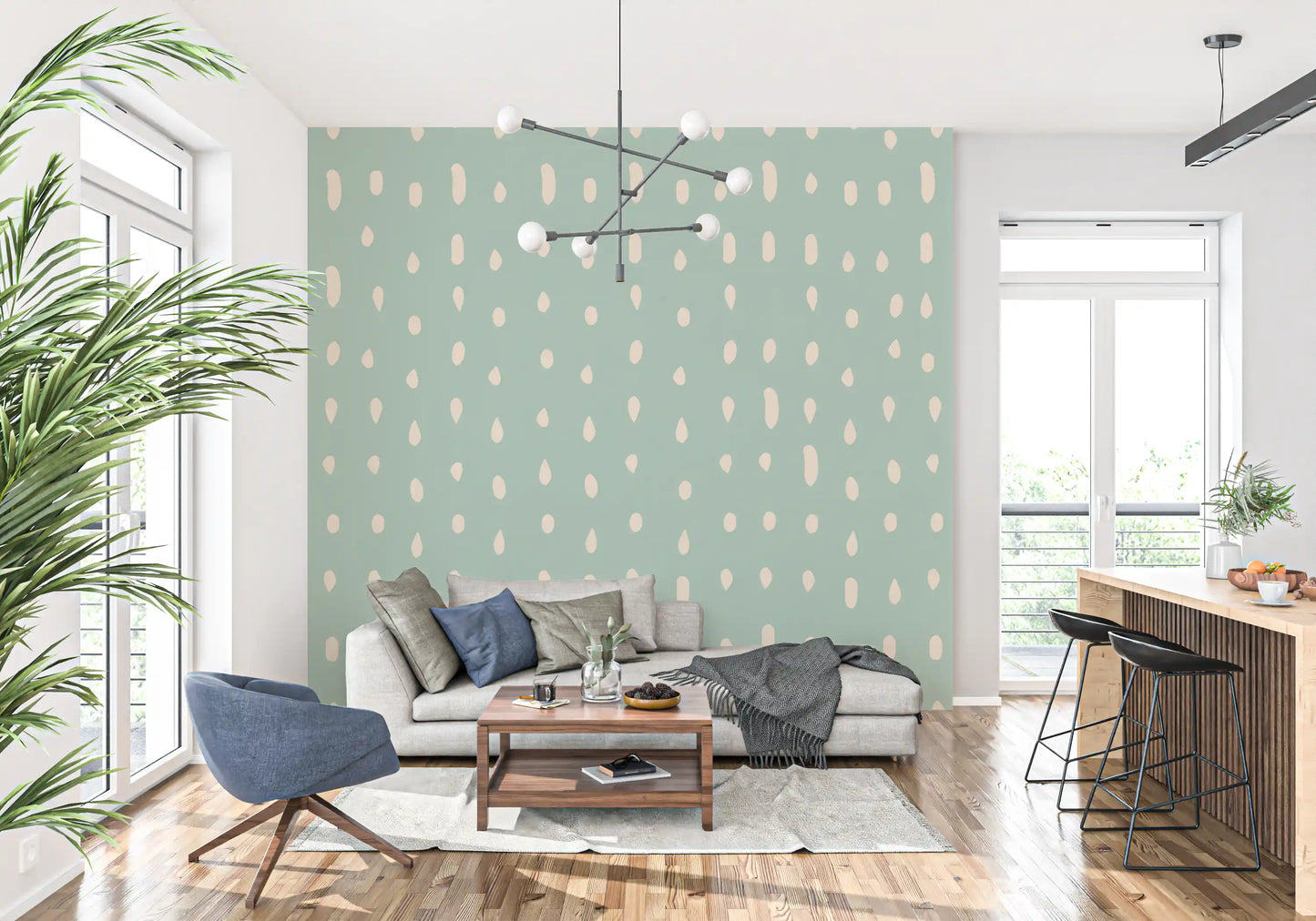 Mid Century Seed Dots Hellgrünes Salbeiwandtapete Wandbild